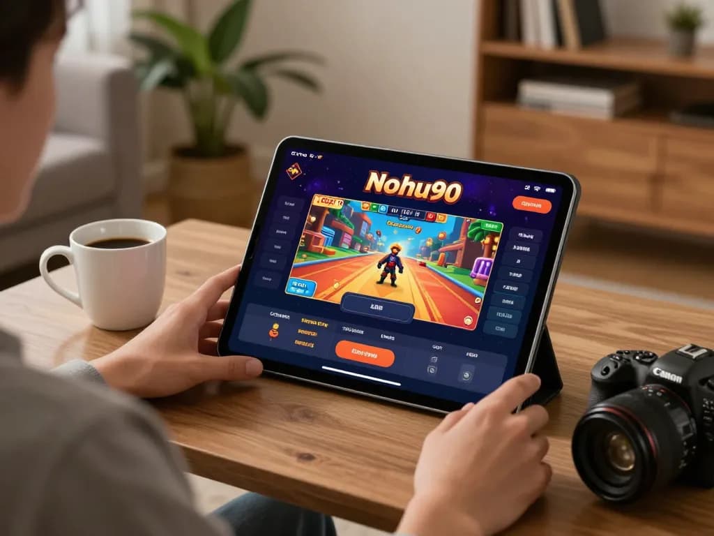 Nohu90 player enjoying online gaming on a tablet in a cozy home setting.