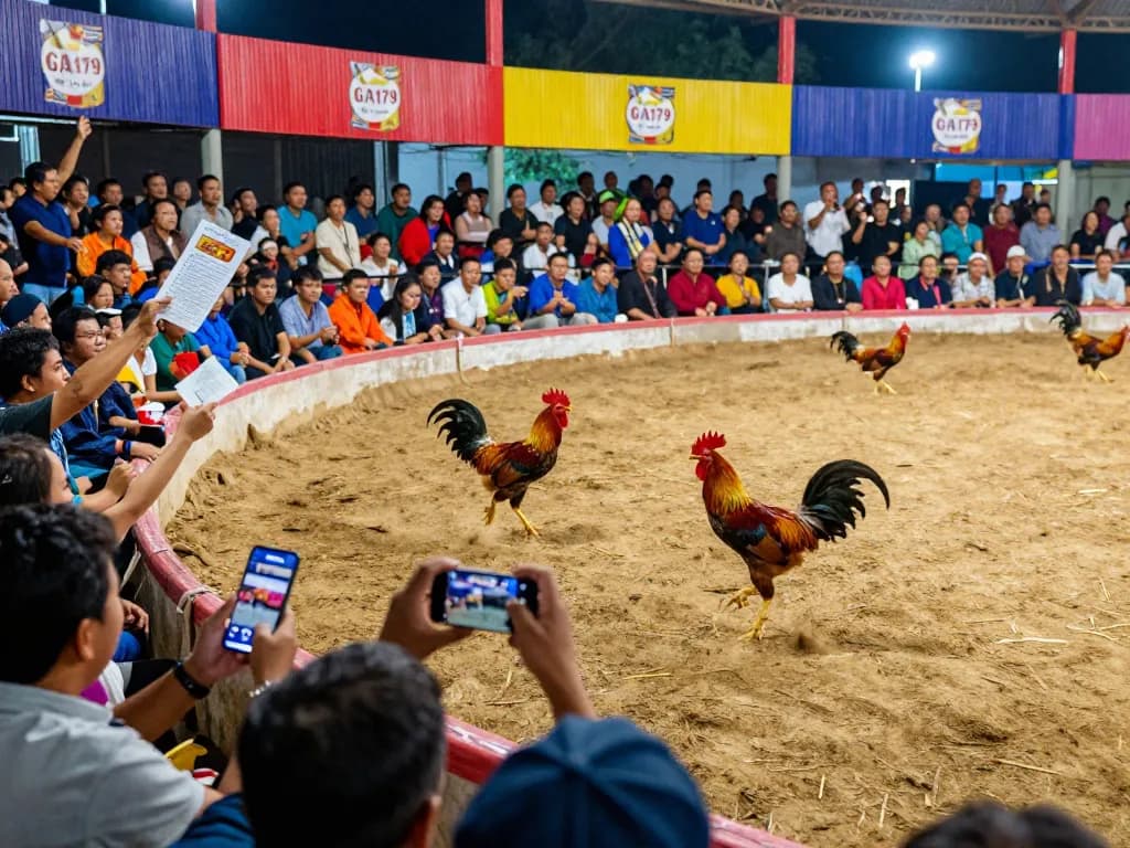 Live action at GA179 as enthusiastic spectators enjoy an exciting cockfighting event, highlighting the vibrant atmosphere of betting and entertainment.