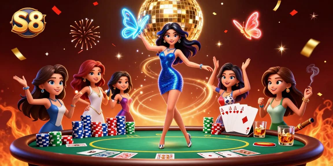 S8 ignites excitement in a vibrant, casino-themed digital artwork with poker chips and lively characters.