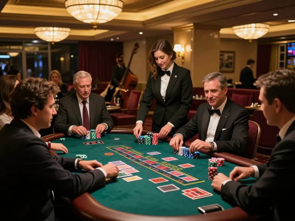 TA88 players enjoying an engaging blackjack game at an elegant casino floor with strategic gameplay.