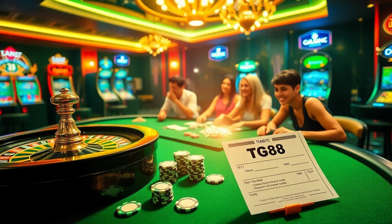 Players winning at the TG88 casino table with poker chips and cards in an elegant setting.