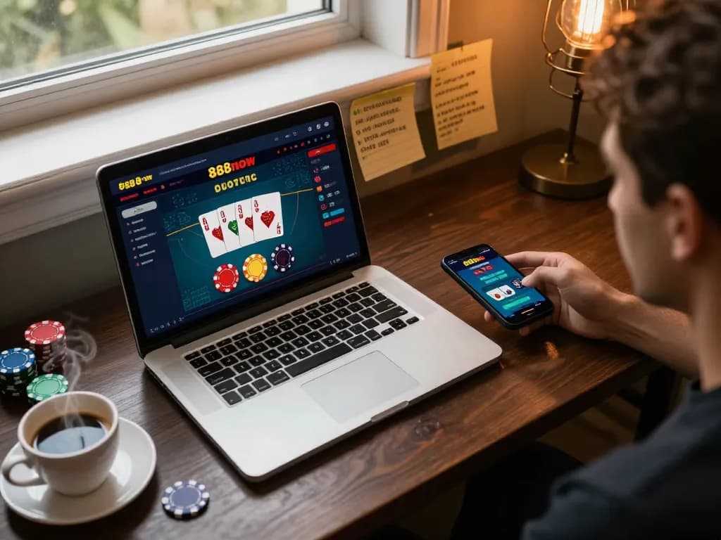 Engaging scene of 888now đăng nhập on a laptop and smartphone, illustrating the online gaming experience.