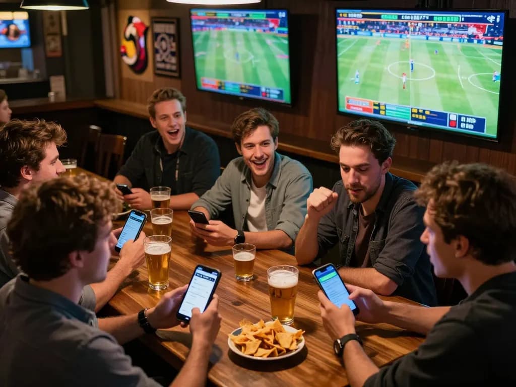 Sports bettors engaging on pub88 app with vibrant screens showing live events