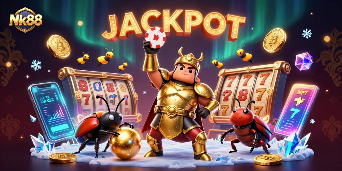 Experience the thrill of Nk88 as a heroic beetle celebrates a jackpot win in a vibrant casino scene.