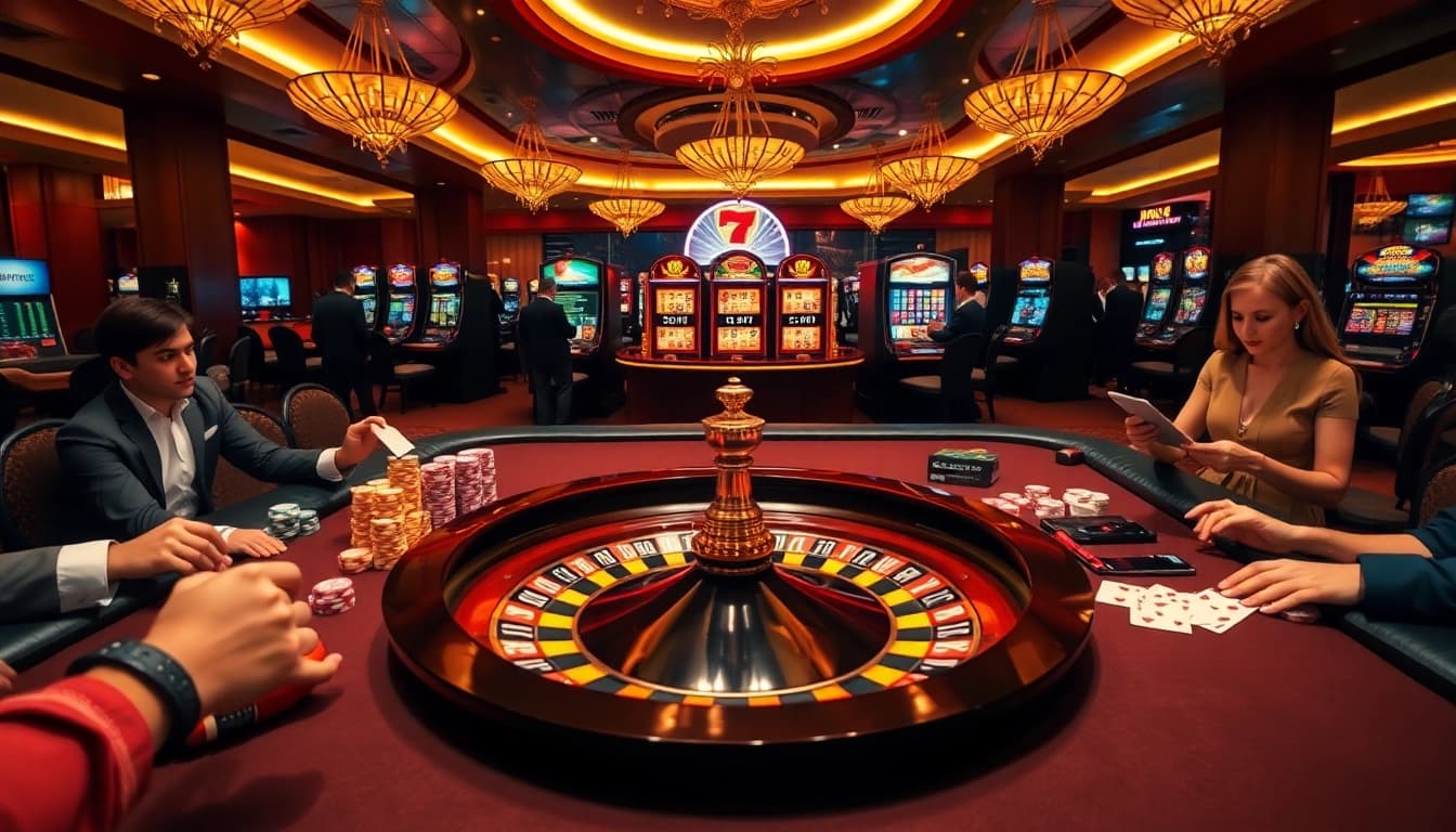 Exciting casino atmosphere with roulette, poker, and online gambling elements to illustrate ee jl33.