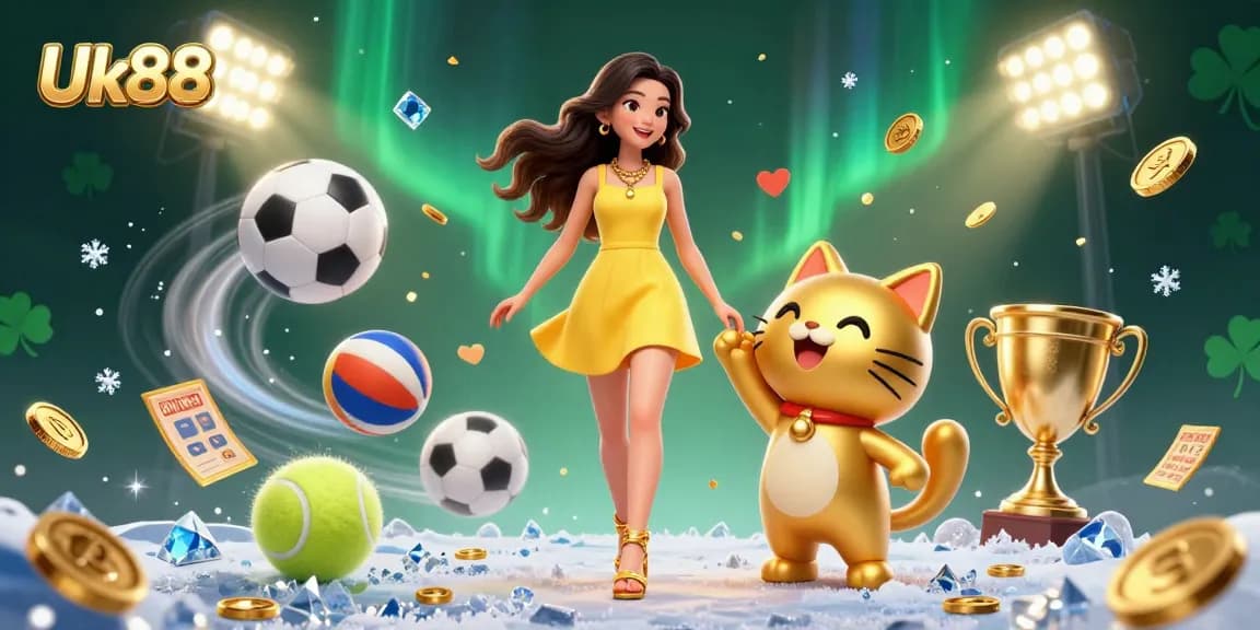Bet on Uk88 with a cheerful Asian woman and a golden lucky cat, celebrating with dynamic sports elements.