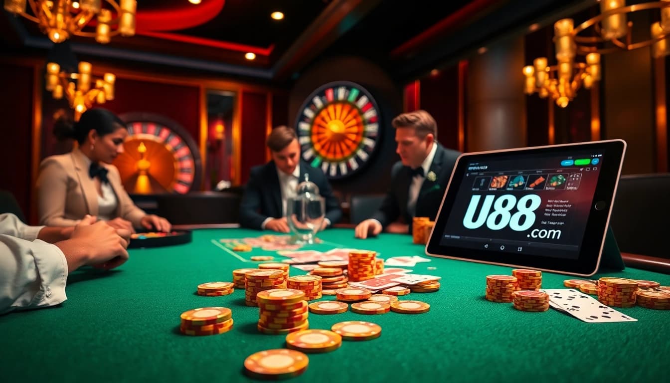 Experience excitement at a u888 com poker table, featuring vibrant chips and skilled players in action.