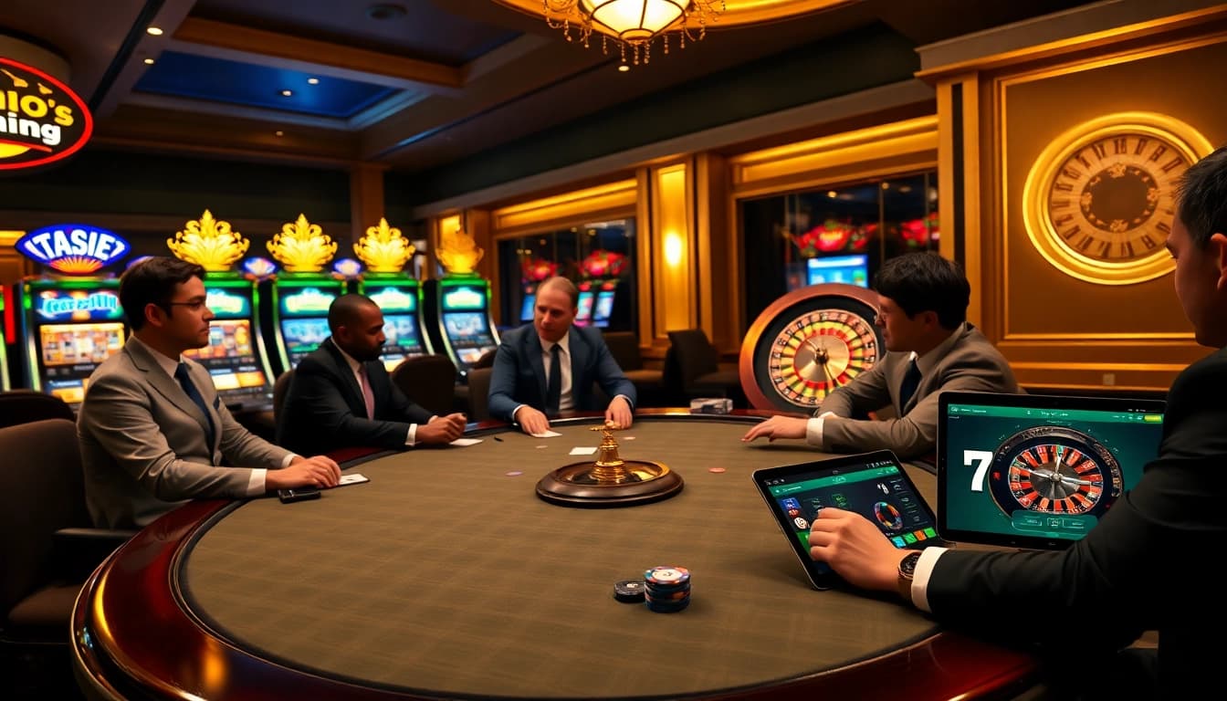 Poker players engaged in a game at 789f casino, showcasing excitement and elegance in a vibrant gambling environment.