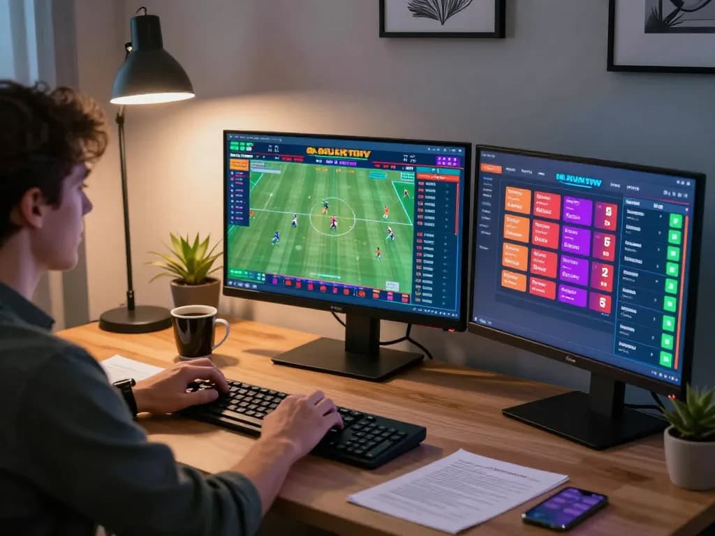 Bsport user engaging in online sports betting from a stylish workspace, analyzing live odds.