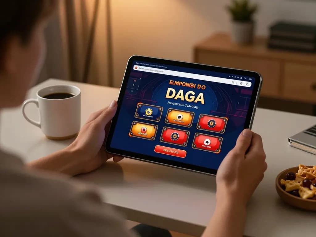 Daga online gaming interface displayed on a tablet during cozy home setup, showcasing responsible gambling.