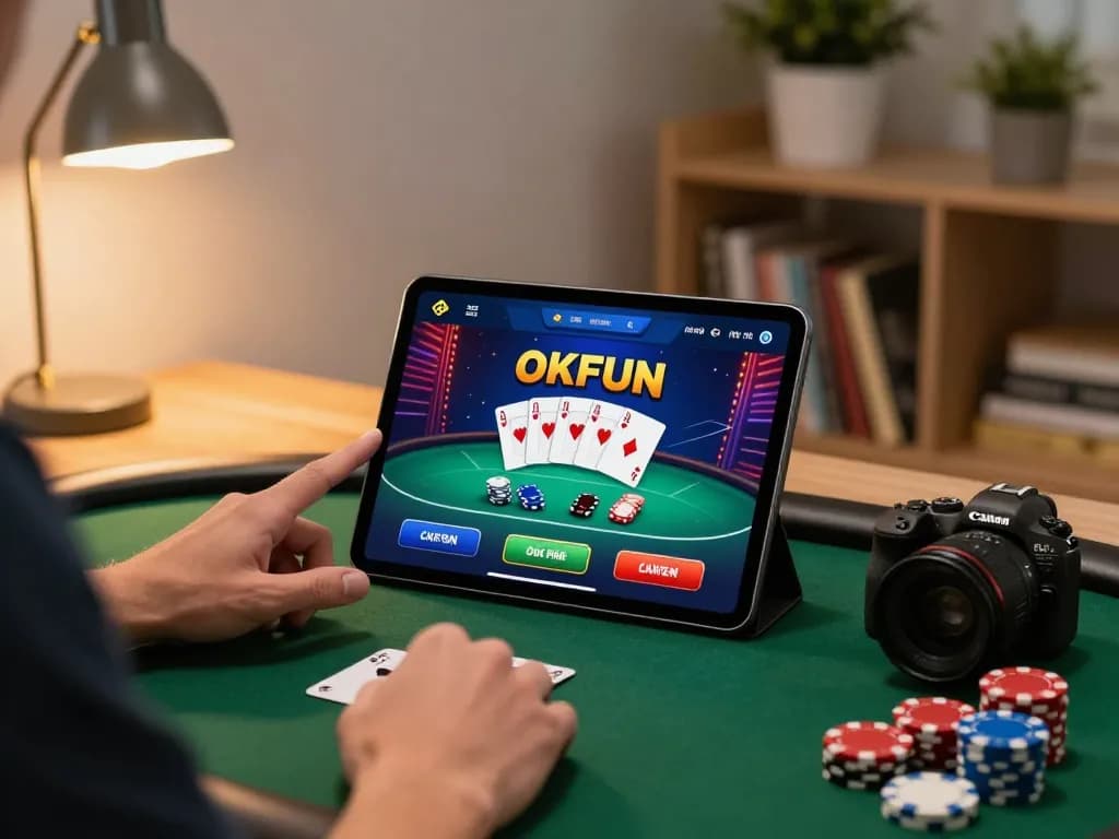 Player enjoying the OKFUN app while strategizing in a cozy gaming environment