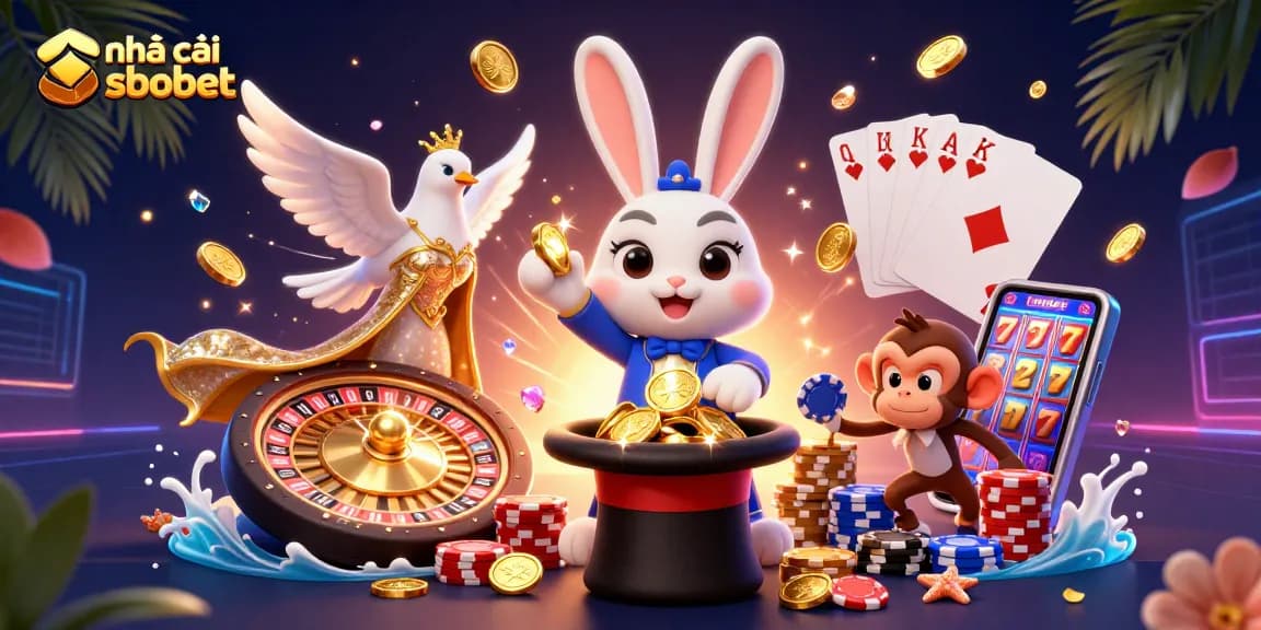 Experience the magic of nhà cái sbobet with cartoon characters amid vibrant casino elements.