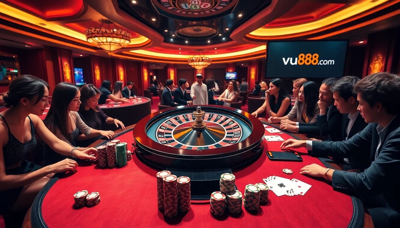 Experience the thrill of gambling at vu88.com with an elegant roulette wheel and vibrant poker chips.