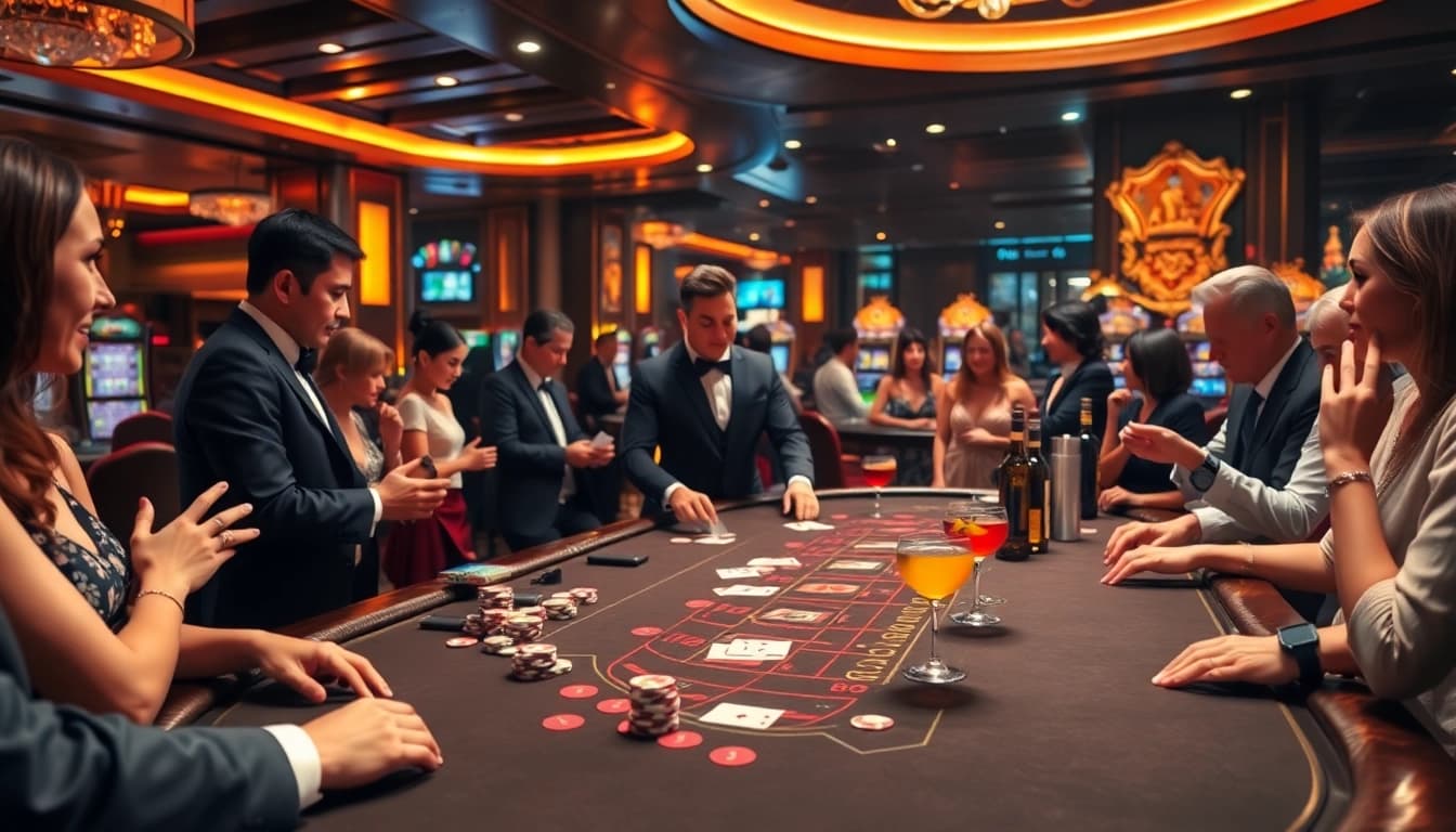 Players engaging in an exciting game at casino, featuring a stunning blackjack table and vibrant slot machines.