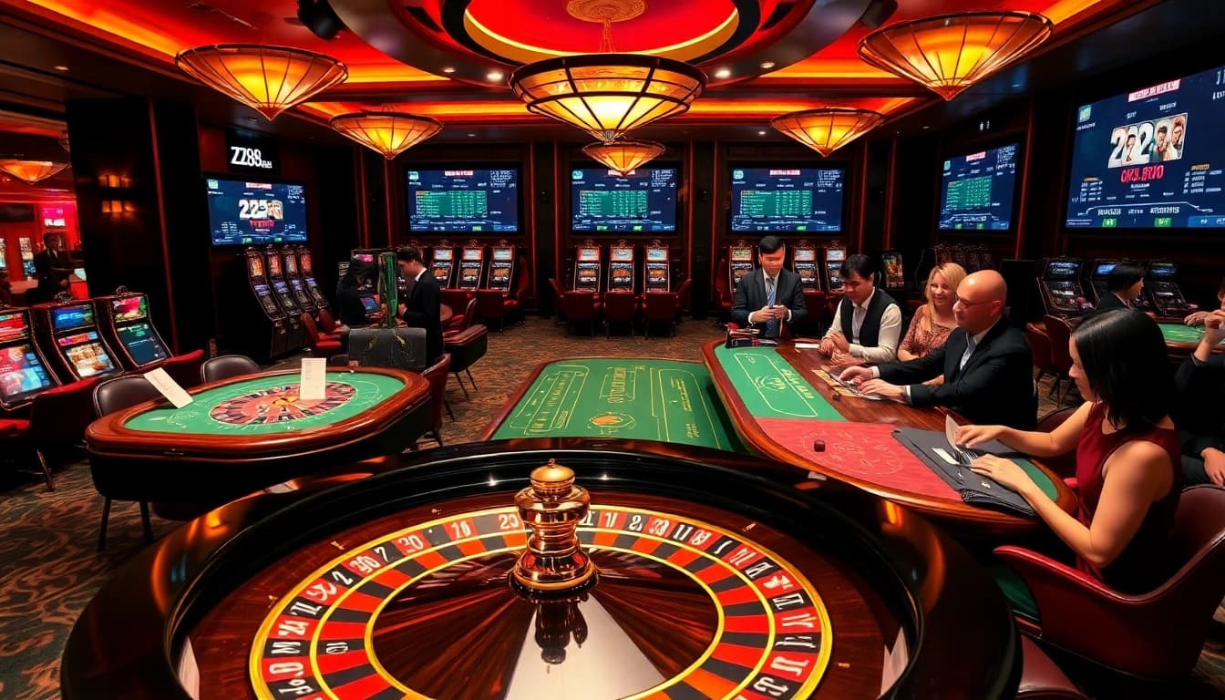Players celebrating big wins at ZX88 casino, surrounded by thrilling gaming action and vibrant atmosphere.