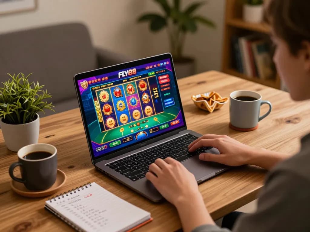 Player engaged in FLY88 online gaming session with cozy setup and snacks.
