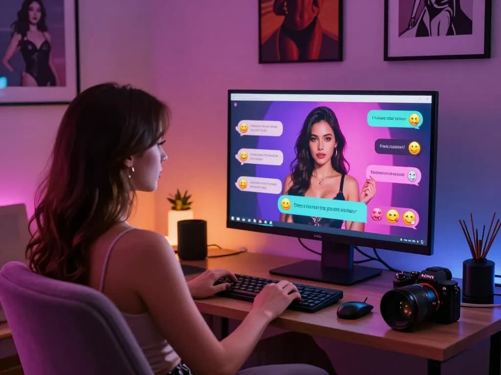 Engaging AI porn chat session showing a user immersed in vibrant digital conversation with virtual character, highlighting modern adult entertainment.