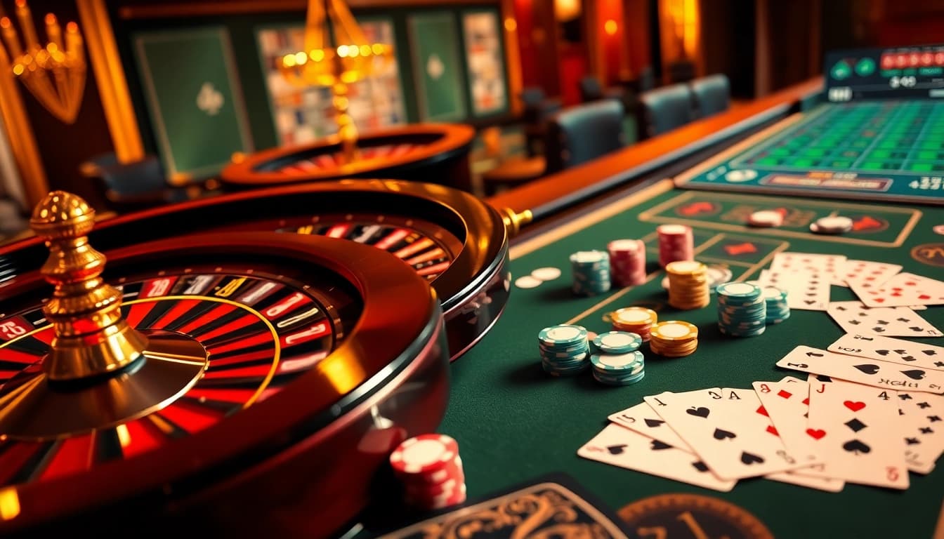 Experience the thrill of thabet và kubet with poker chips and roulette games in a luxurious casino setting.