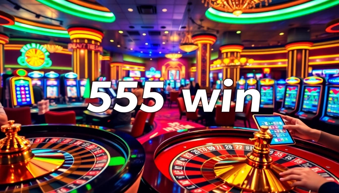 Players celebrating a big win at the casino with vibrant slot machines, themed "555 win".