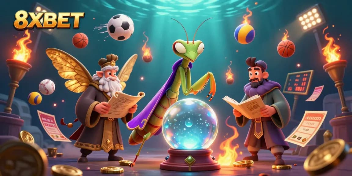 8XBET bettors explore sports betting odds with vibrant characters and dynamic elements in a rich casino scene.