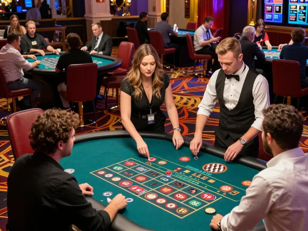 B52 players engaging in thrilling roulette bets at the vibrant casino floor