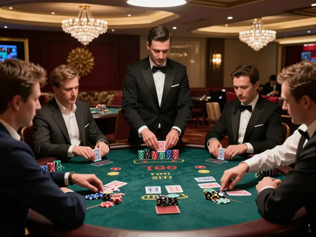 9bet players strategizing at a blackjack table in a luxurious casino setting.