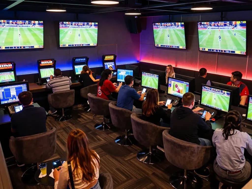 7mcn sports betting lounge with active bettors engaged in live competitions.