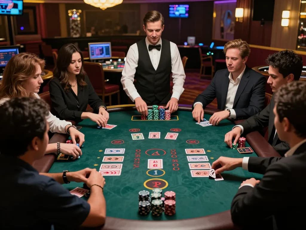 Players actively engaged in a strategic blackjack game at Nhà cái DABET, showcasing casino excitement.