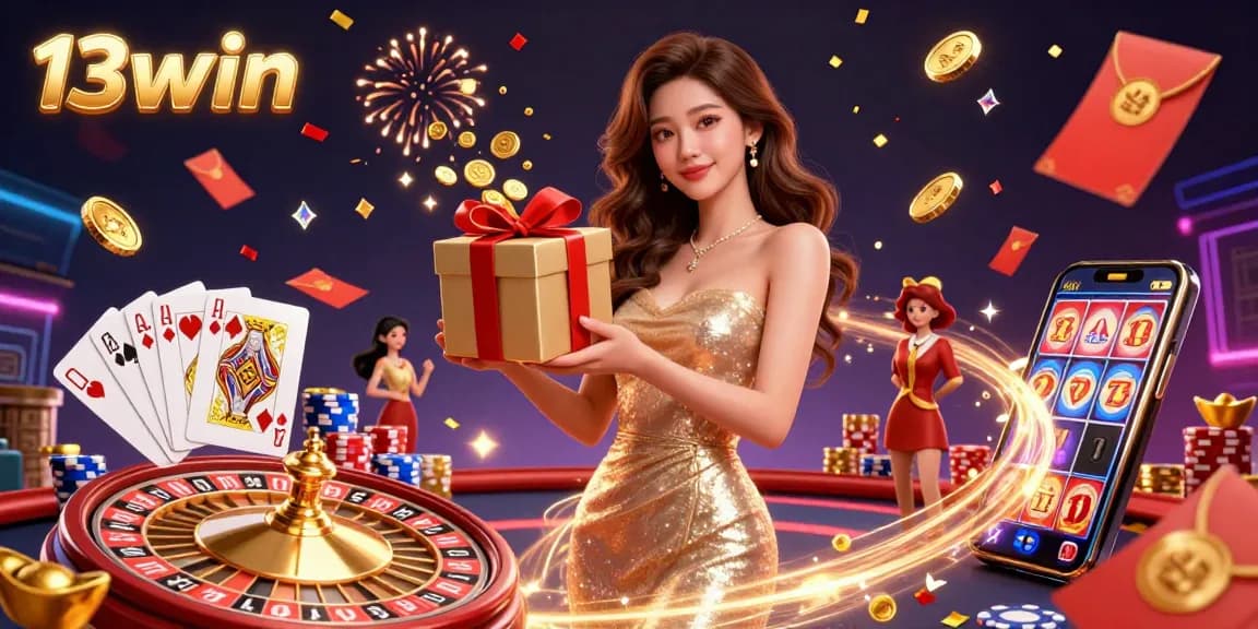 Win big with 13win in a festive Lunar New Year casino scene featuring golden coins and vibrant game elements.
