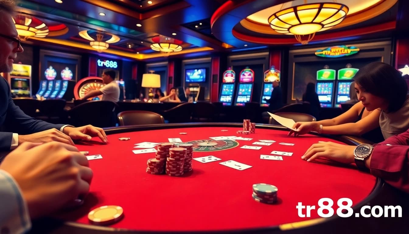 Experience high-stakes gaming at tr88.com with thrilling poker chips and cards.