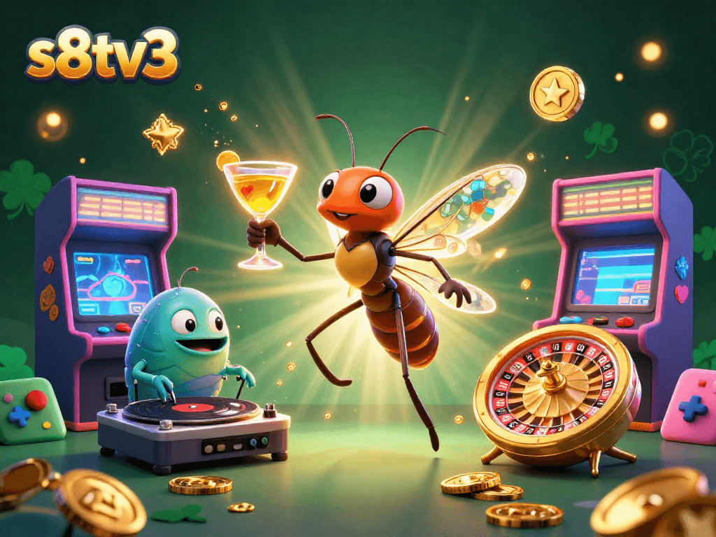 Experience excitement with s8tv3's dynamic 3D casino scene featuring a unique mascot and gaming elements.