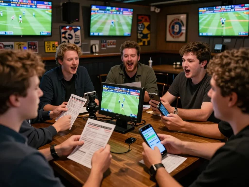 Experience the excitement of NOWGOAL with friends during a lively sports betting moment at a bar.