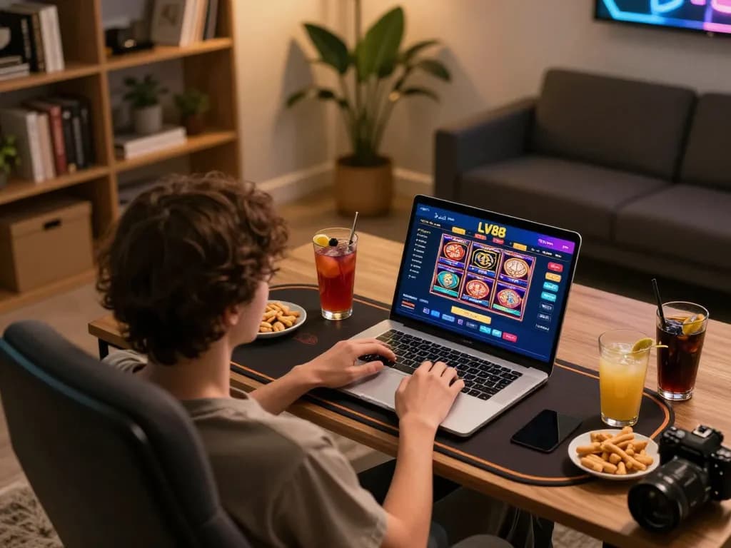 Player engaging with LV88 casino app on laptop in a cozy home setting.