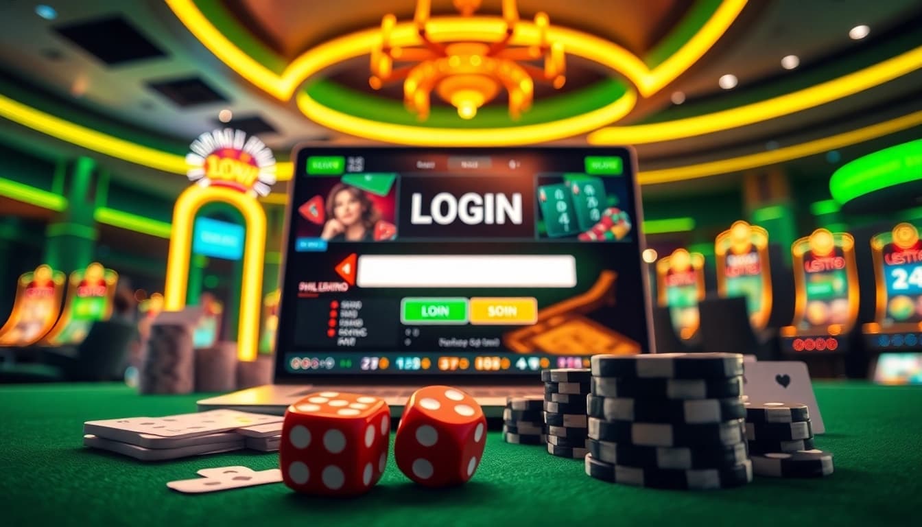 Engage in the excitement of online gambling with a stylish login interface featuring vibrant casino elements.