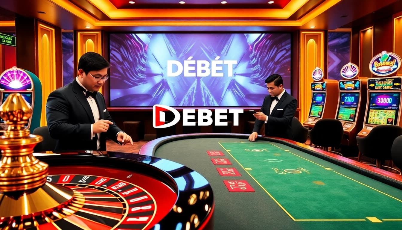 Cổng Game DEBET features professional players at a poker table in a luxurious casino setting.