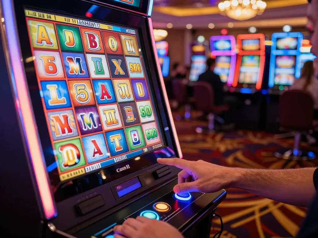 Engaging player at slot machine spinning reels on slot gacor 777 in vibrant casino