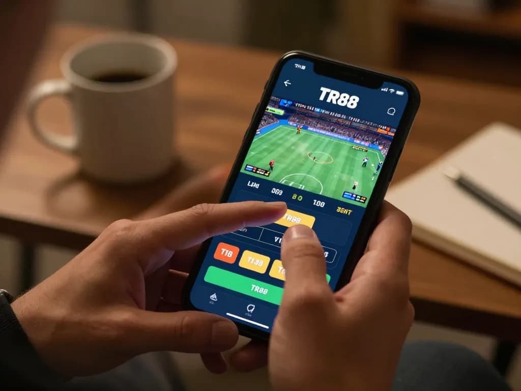 Engaging with TR88 trang chủ app for live betting on mobile device in a cozy home setting.