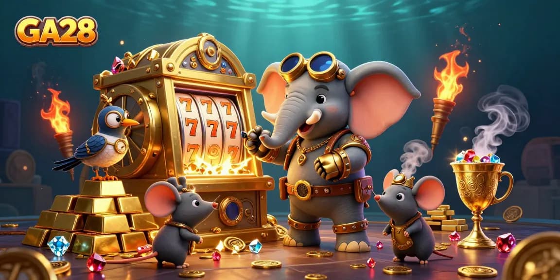 Spin the reels at GA28's immersive casino with a steampunk elephant engineer and treasures.