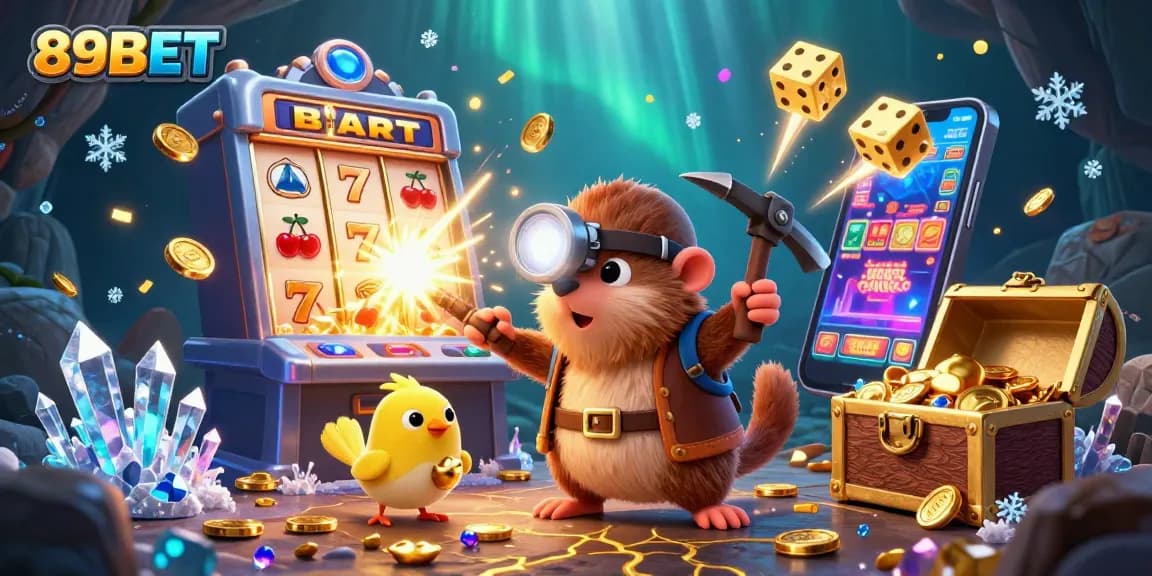 Engage in thrilling gaming with 89BET as a cartoon mole and canary explore a vibrant cave full of treasures.