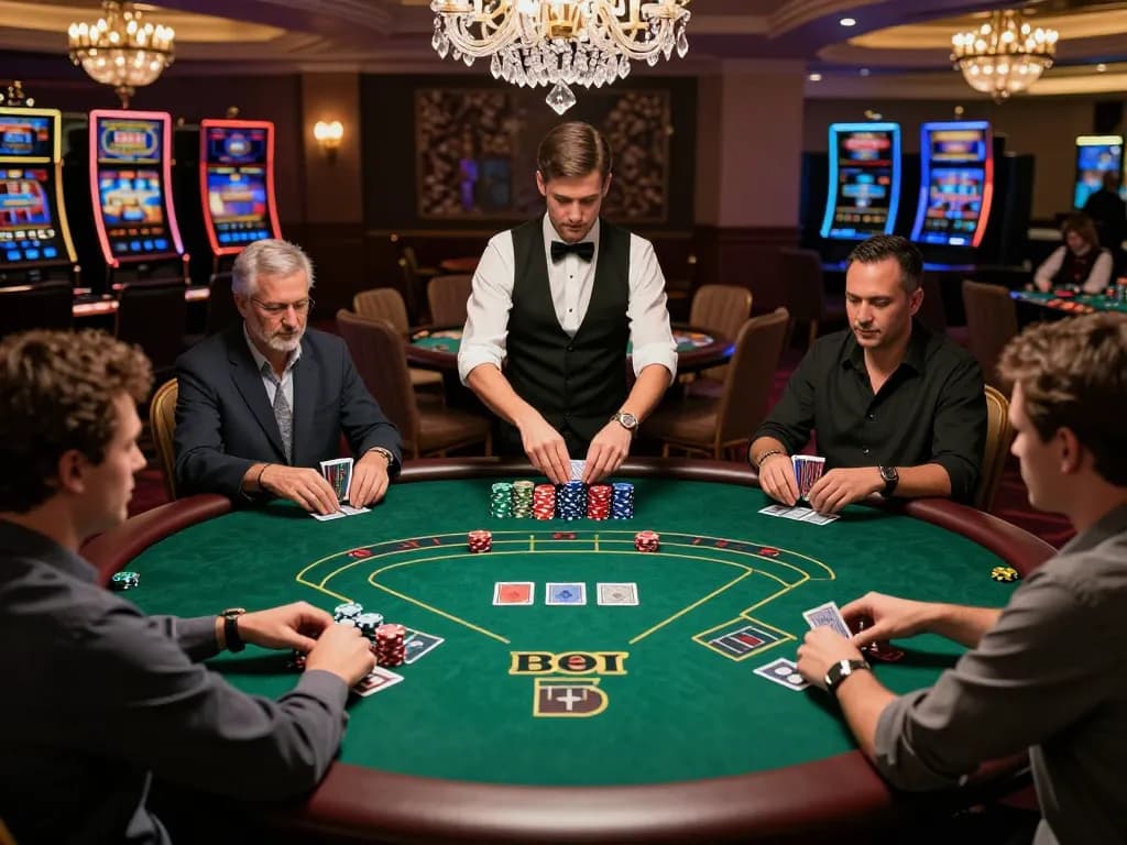 Engaging poker players at MB66 casino table, showcasing strategic gameplay with colorful chips and cards.