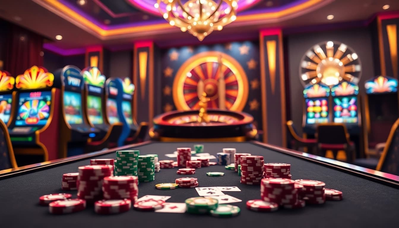 Nohu90 đăng nhập scene featuring high-end slots and casino tables for an exciting online gambling experience.