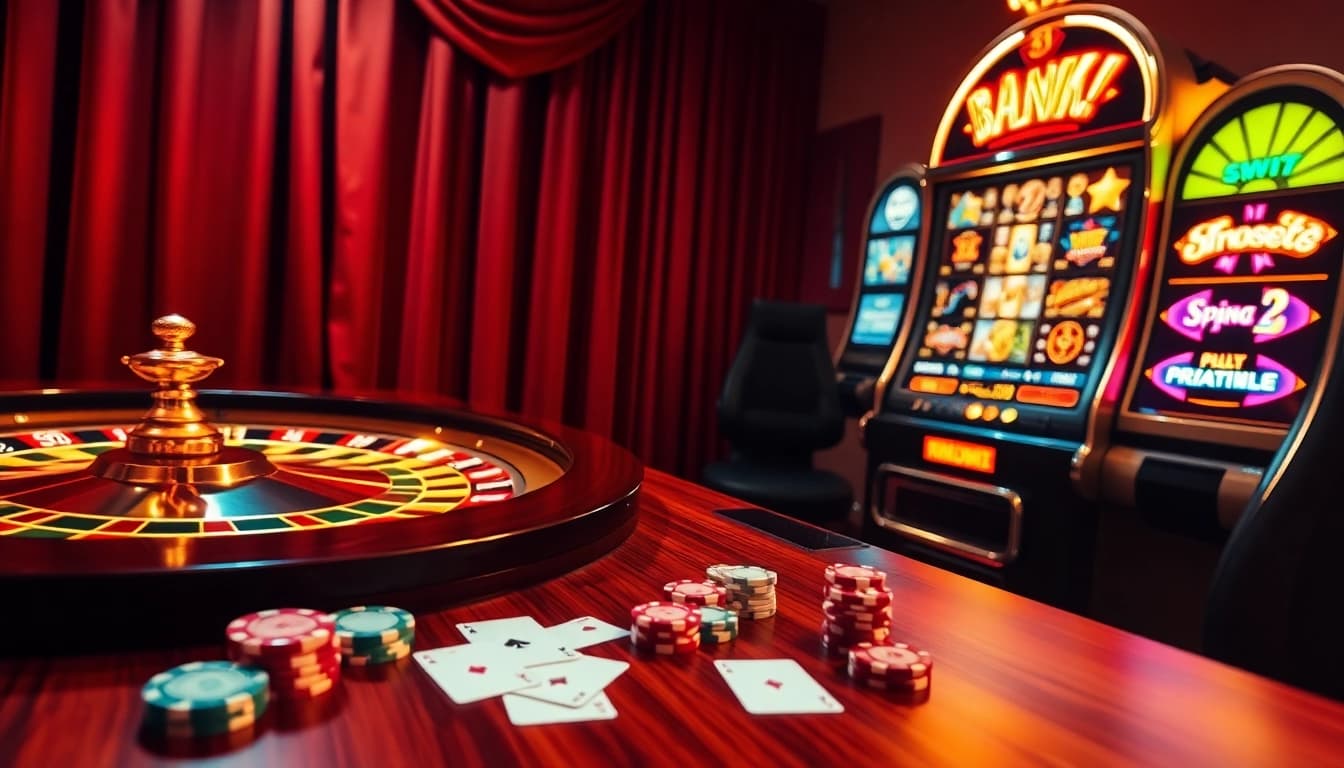 Experience the thrill of RTP Iboslot with a vibrant roulette table and slot machines.