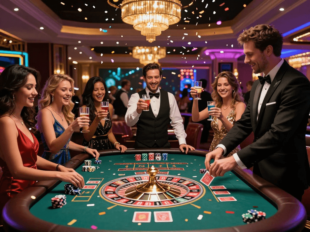 Group celebrating a win at KOMBET168 roulette table in a lively casino.