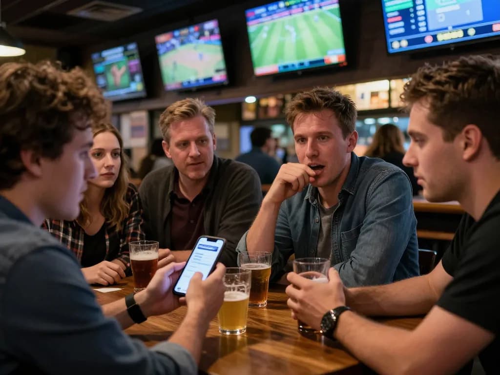 Excited sports fans engaging in live betting using their phones at a bar, showcasing keo nha cai 5.