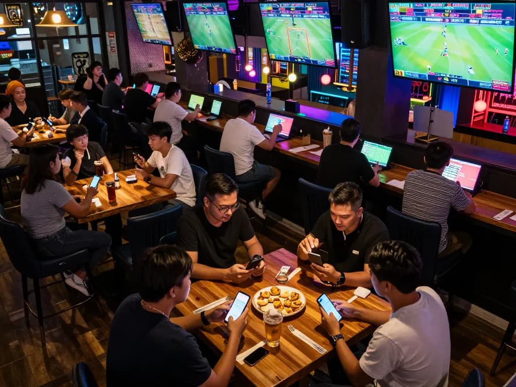 Bongdalu users engaging in strategic sports betting at a lively sports bar, surrounded by screens and friends.