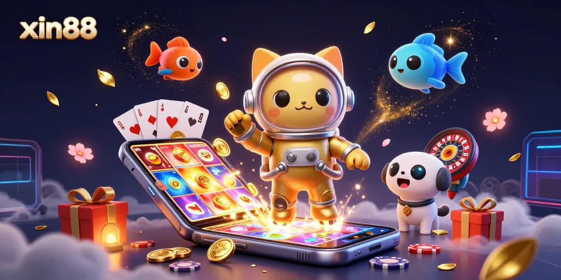 Experience thrilling gaming action with xin88 as a 3D cartoon astronaut cat and robot dog in a vibrant casino scene.