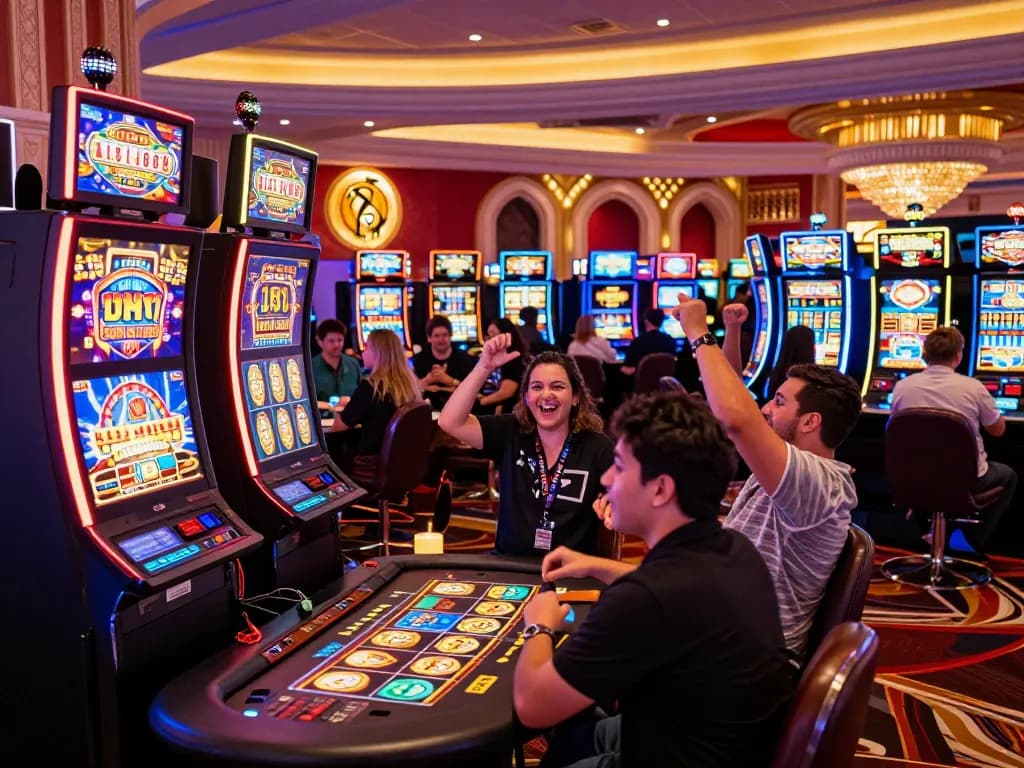 Players engaging in lively gameplay at 789clubgo casino, celebrating wins amid vibrant slot machines