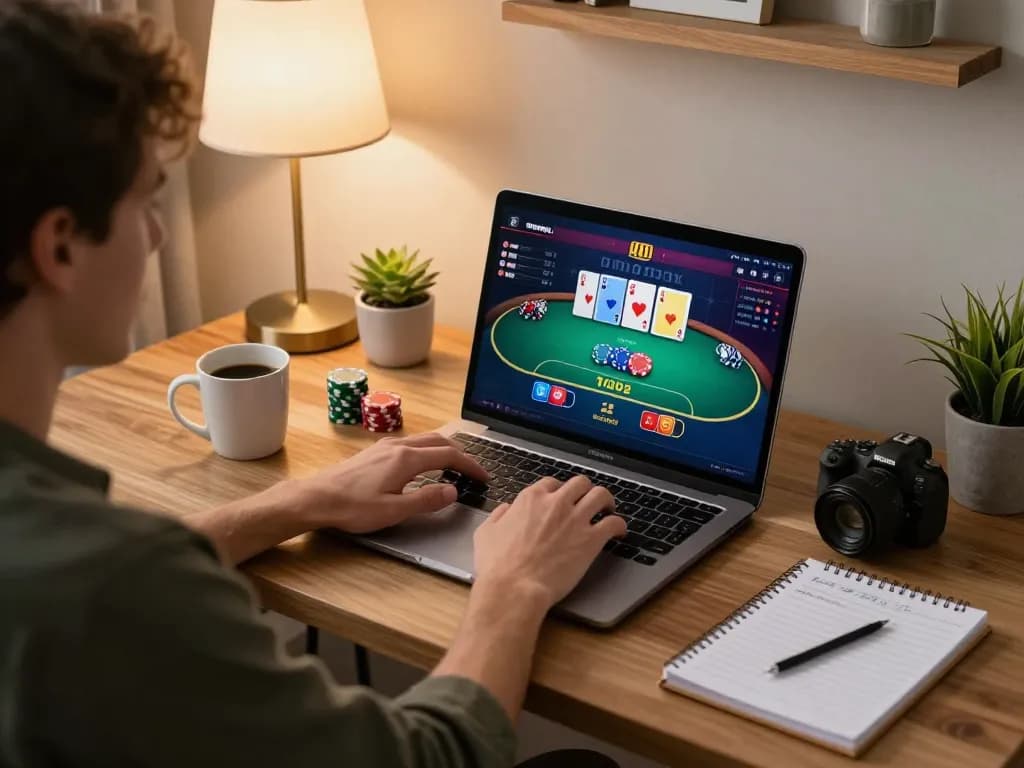 Playing poker online at https://7m.us.com/ with engaging gameplay on a laptop in a cozy home setting.