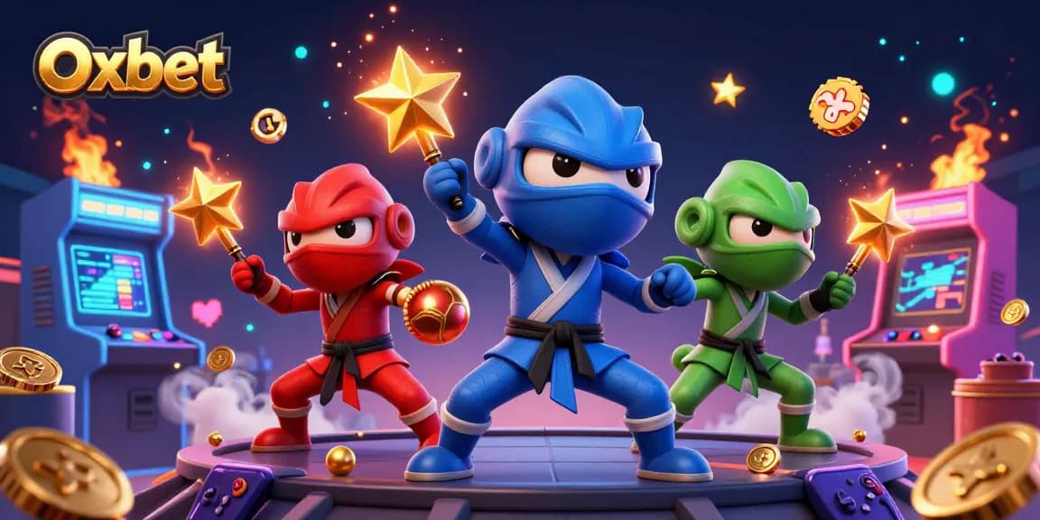 Engage in winning strategies at Oxbet with cartoon ninjas in a vibrant casino scene.