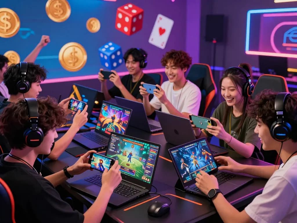 Players enjoying Go88's diverse gaming experience on laptops and smartphones in a lively digital environment.